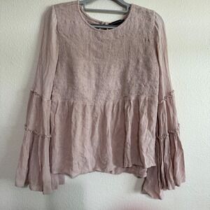 American Eagle Outfitters Blouse‎ Womens Small Pink Long Sleeves Bell Smocked